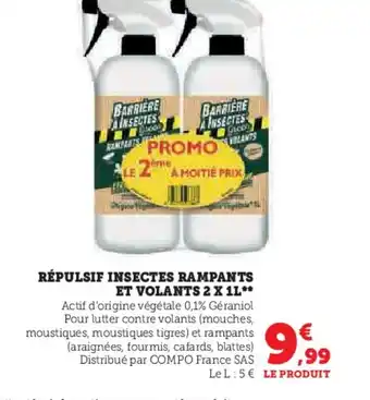 Hyper U RÉPULSIF INSECTES RAMPANTS ET VOLANTS 2 X 1L offre