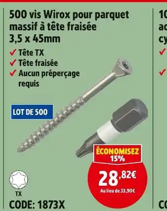 Screwfix 500 vis Wirox pour parquet massif à tête fraisée 3,5 x 45mm offre