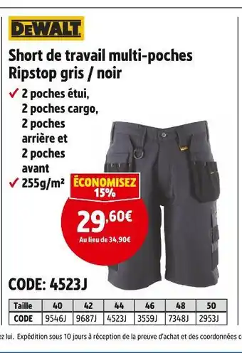 Screwfix DEWALT Short de travail multi-poches Ripstop gris / noir offre