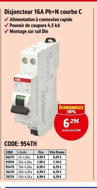 Screwfix Disjoncteur 16A Ph+N courbe C offre