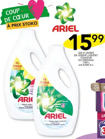 Stokomani ARIEL LES 51 DOSES DE LESSIVE LIQUIDE* COULEUR OU ORIGINAL 1785 L offre