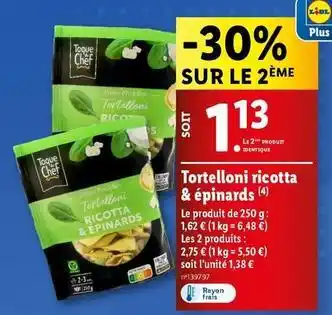 Lidl Toque du chef - tortelloni ricotta & épinards offre