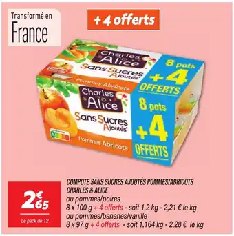 Netto COMPOTE SANS SUCRES AJOUTÉS POMMES/ABRICOTS CHARLES & ALICE offre