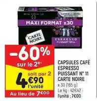 Leader Price Carte noire - capsules café espresso puissant offre