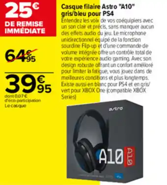 Carrefour Casque filaire astro "A10" gris/bleu PS4 offre