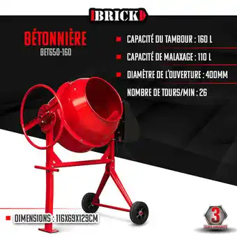 Brico Cash Bétonnière 650w - Capacité du tambour 160L - Avec roues - Brick offre