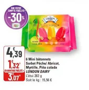 G20 6 Mini bâtonnets Sorbet Pêche/ Abricot, Myrtille, Piña colada LONDON DAIRY offre