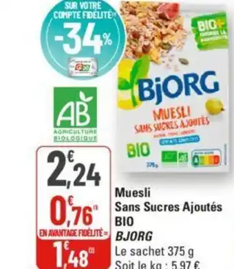 G20 Muesli Sans Sucres Ajoutés BIO BJORG offre