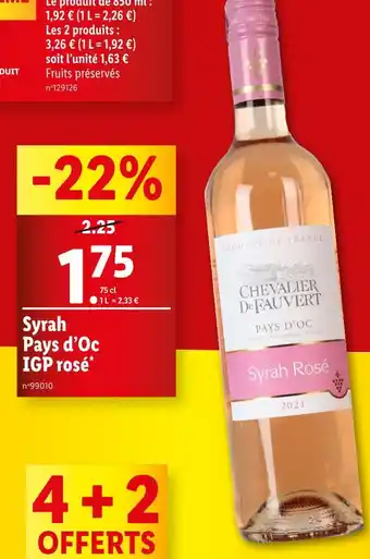 Lidl Chevalier de Fauvert Syrah Pays d’Oc IGP rosé offre