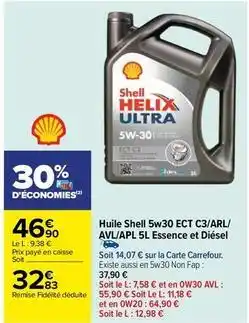 Carrefour Shell - huile 5w30 ect c3/arl/avl/apl 5l essence et diésel offre