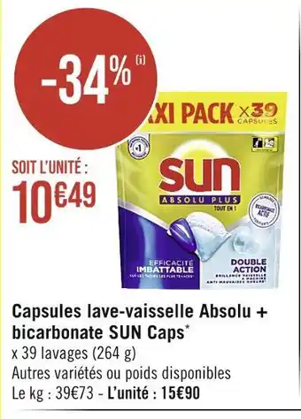 Casino Supermarchés SUN Capsules lave-vaisselle Absolu + bicarbonate Caps offre