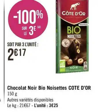 Géant Casino Cote d’or chocolat noir bio noisettes offre