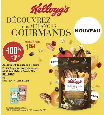 Géant Casino Kellogg’s assortiment de snacks premium fruits tropicaux noix de cajou et abricot deluxe snack mix offre