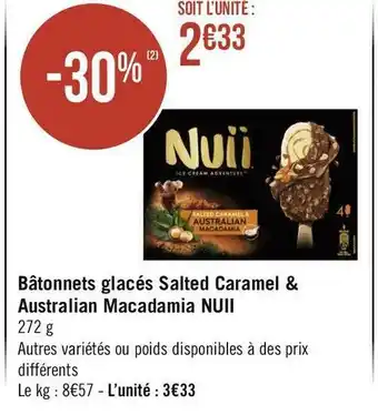 Géant Casino Nuii bâtonnets glacés salted caramel & australian macadamia offre