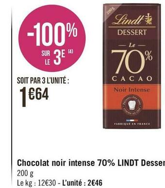 Lindt chocolat noir intense 70% dessert