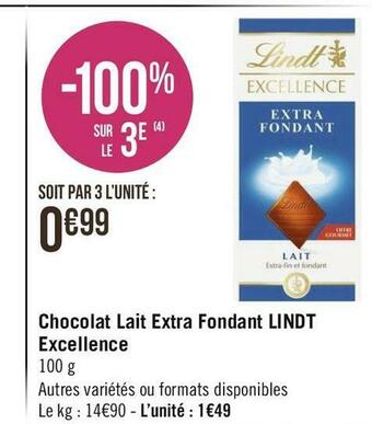 Géant Casino Lindt chocolat lait extra fondant excellence offre