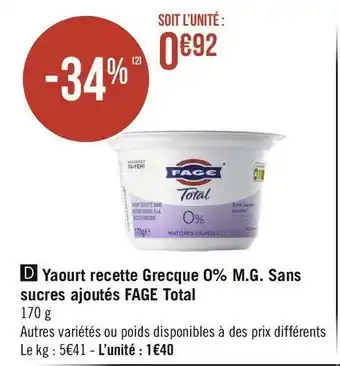 Géant Casino Fage yaourt recette grecque 0% m.g. sans sucres ajoutés total offre
