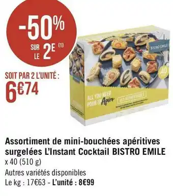 Bistro emile assortiment de mini-bouchées apéritives surgelées l’instant cocktail
