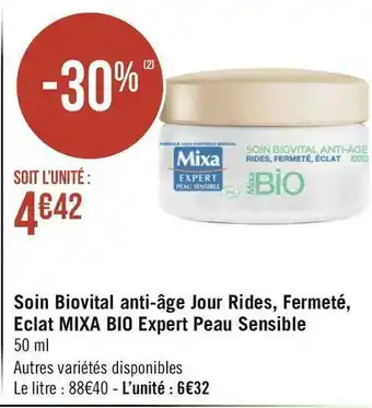 Géant Casino Mixa soin biovital anti-âge jour rides, fermeté, eclat bio expert peau sensible offre