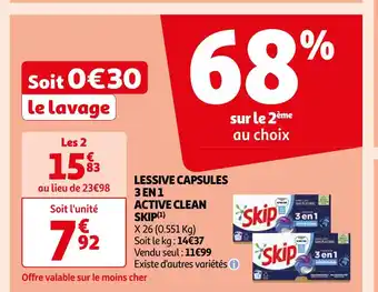 Auchan Supermarché SKIP LESSIVE CAPSULES 3 EN 1 ACTIVE CLEAN(1) offre