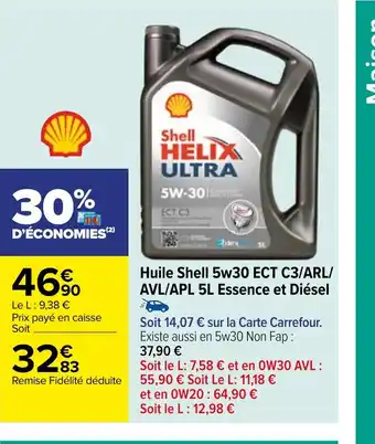 Carrefour Huile Shell 5w30 ECT C3/ARL/ AVL/APL 5L Essence et Diésel offre