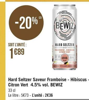 Bewiz hard seltzer saveur framboise - hibiscus - citron vert 4.5% vol.