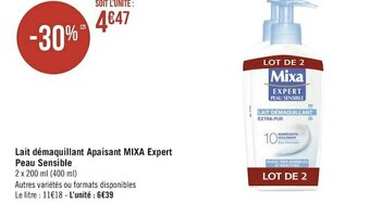 Géant Casino Mixa lait démaquillant apaisant expert peau sensible offre