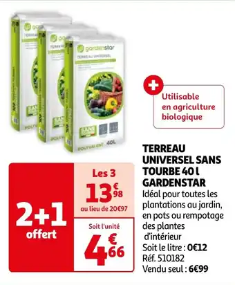 Auchan TERREAU UNIVERSEL SANS TOURBE 40 L GARDENSTAR offre