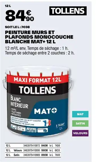 Brico Dépôt PEINTURE MURS ET PLAFONDS MONOCOUCHE BLANCHE MAT+ 12 L offre