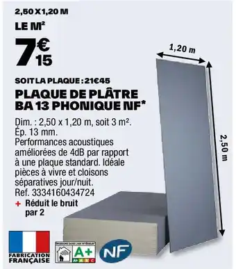 Brico Dépôt PLAQUE DE PLÂTRE BA 13 PHONIQUE NF offre