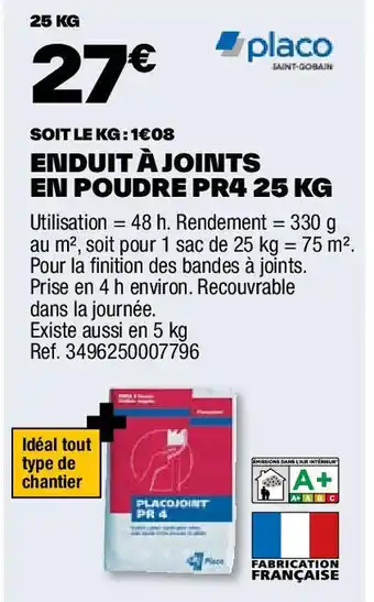 Brico Dépôt ENDUIT À JOINTS EN POUDRE PR4 25 KG offre