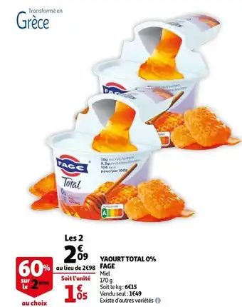 Auchan Yaourt total 0% fage offre