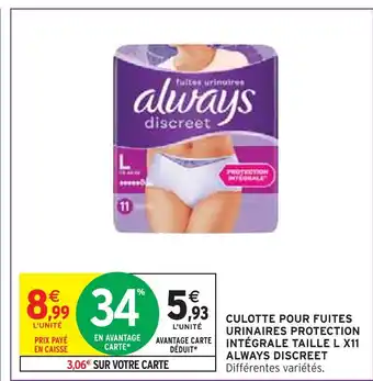 Intermarché ALWAYS DISCREET CULOTTE POUR FUITES URINAIRES PROTECTION INTÉGRALE TAILLE L X11 offre