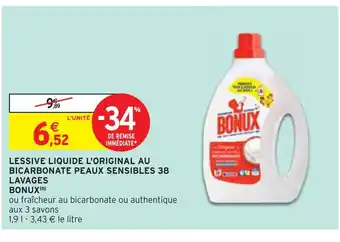 Intermarché BONUX LESSIVE LIQUIDE L'ORIGINAL AU BICARBONATE PEAUX SENSIBLES 38 LAVAGES (b) offre