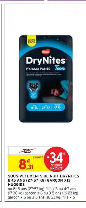 Intermarché HUGGIES SOUS-VÊTEMENTS DE NUIT DRYNITES 8-15 ANS (27-57 KG) GARÇON X13 offre