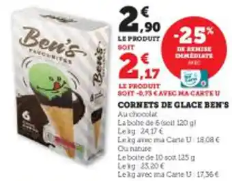 Super U CORNETS DE GLACE BEN'S offre