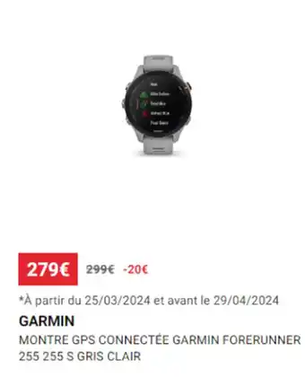 Decathlon GARMIN MONTRE GPS CONNECTÉE GARMIN FORERUNNER 255 255 S GRIS CLAIR offre