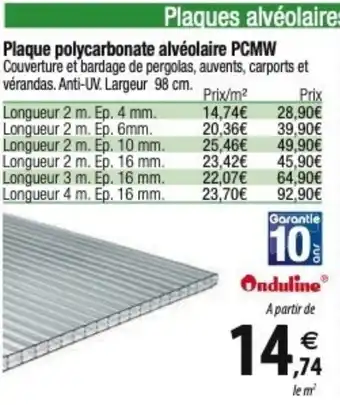 Tridôme Plaque polycarbonate alvéolaire PCMW offre