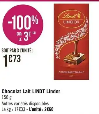Casino Supermarchés Chocolat Lait Lindt Lindor offre