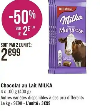 Casino Supermarchés Chocolat Au Lait Milka offre