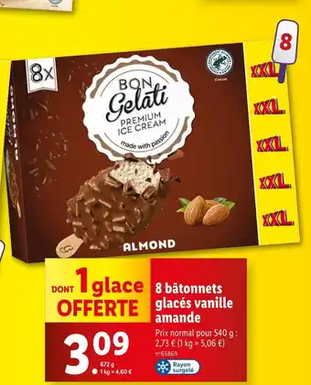 Lidl BON GELATI 8 bâtonnets glacés vanille amande offre