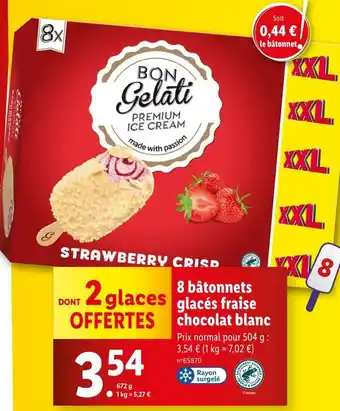 Lidl BON GELATI 8 bâtonnets glacés fraise chocolat blanc offre