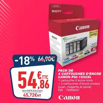 Bureau Vallée CANON PACK DE 4 CARTOUCHES D’ENCRE PGI-1500XL offre