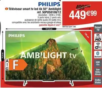 Cora Philips - téléviseur smart tv led 4k 50 ambilight 50pus8108/12 offre