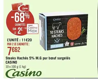 Casino Supermarchés Steaks hachés 5% M.G pur bœuf surgelés offre