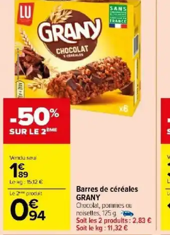 Carrefour Barres de céréales GRANY offre