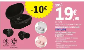 E.Leclerc DONT 0,08 € D'ÉCO-PARTICIPATION ÉCOUTEURS SANS FIL TAT1209BK PHILIPS offre