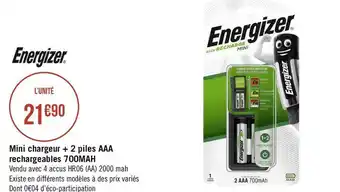 Géant Casino Energizer mini chargeur + 2 piles aaa rechargeables 700mah offre