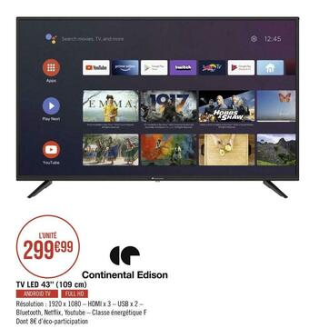 Géant Casino Continental edison tv led 43’’ (109 cm) offre