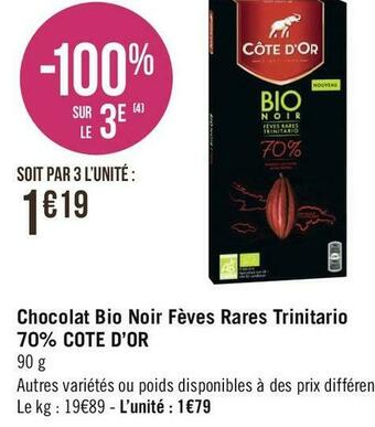 Géant Casino Cote d’or chocolat bio noir fèves rares trinitario 70% offre
